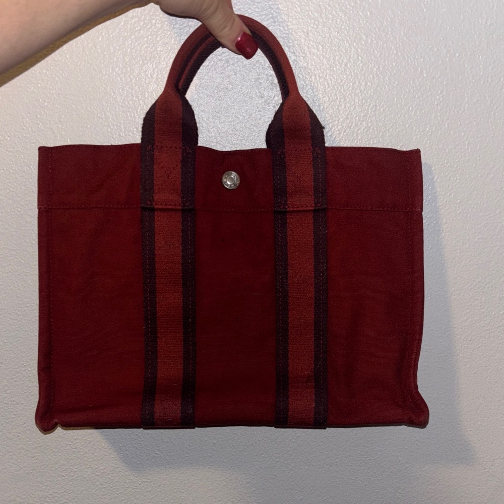 Hermes Burgundy and Black Canvas Tote